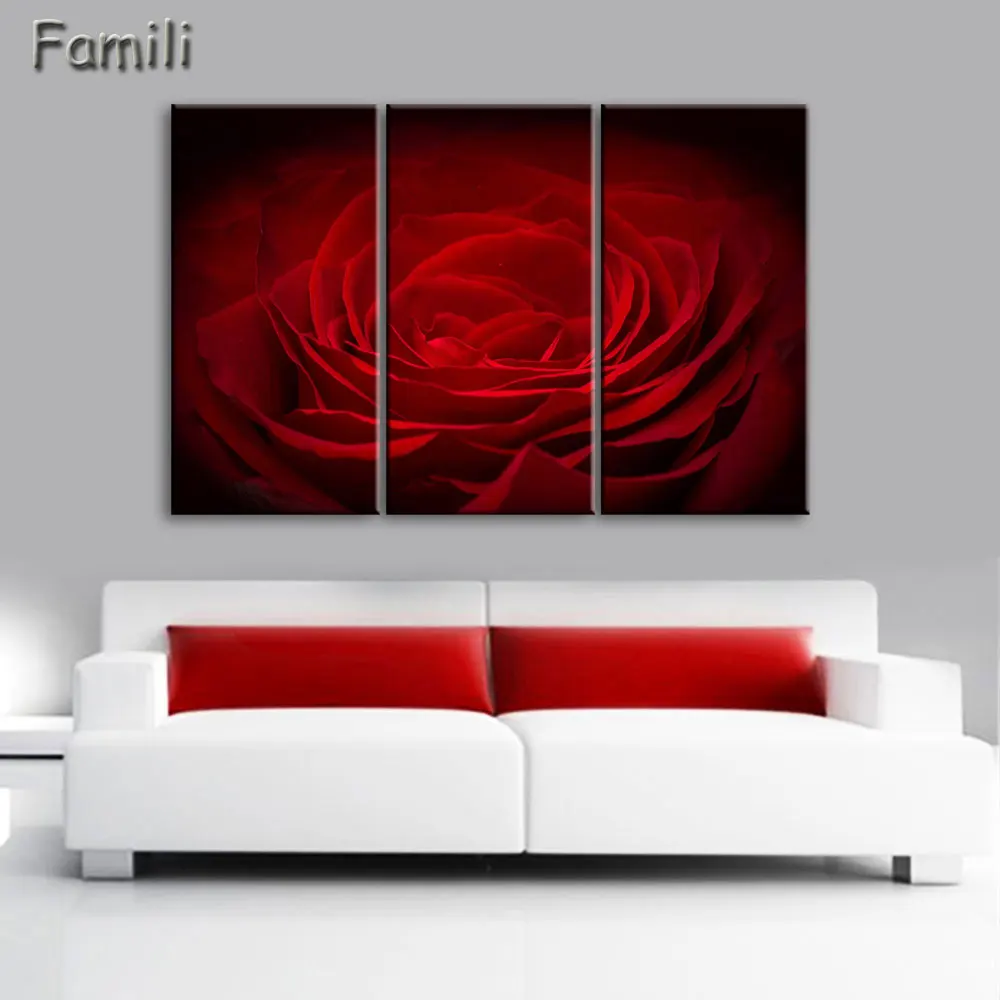 Красная роза холст живопись 3 шт. Настенная картина для украшения стен печать