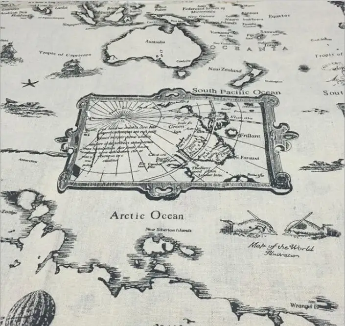 Ткань из льна и хлопка с принтом карты мира ручная печать окрашивание для