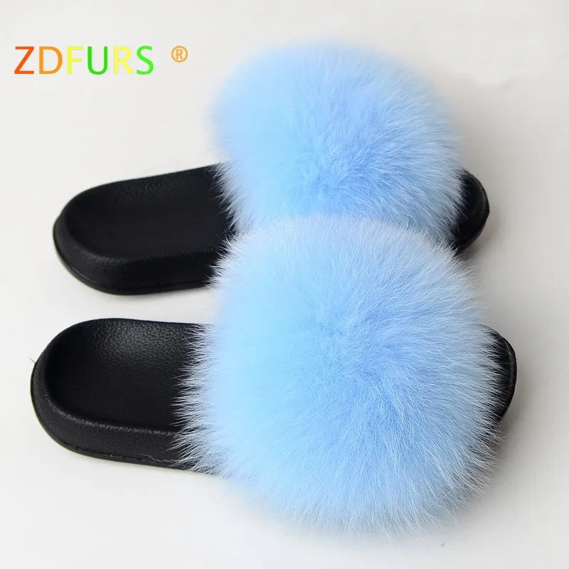 sky blue ZDFURS* ; Лидер продаж; летние шлепанцы из лисьего меха; модные шлепанцы из ЭВА с натуральным мехом; женская пляжная обувь; женские Вьетнамки; яркие цвета - Цвет: sky blue