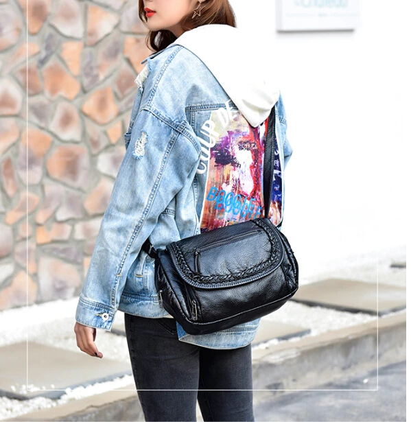 

Female bag simple style soft waterwashed leather fashion bag vintage messenger shoulder bag black qinfcy89