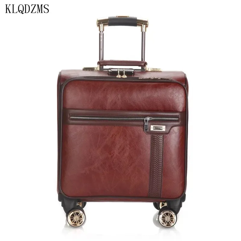KLQDZMS Retro PU Leather 18inch Carry On Travel Suitcase Men Women business rolling luggage spinner trolley bags on wheels | Багаж и сумки