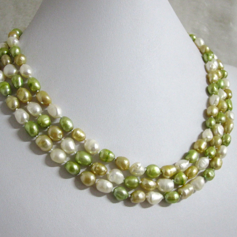 

50" 6-8mm White Champagne Green Baroque Freshwater Pearl Necklace