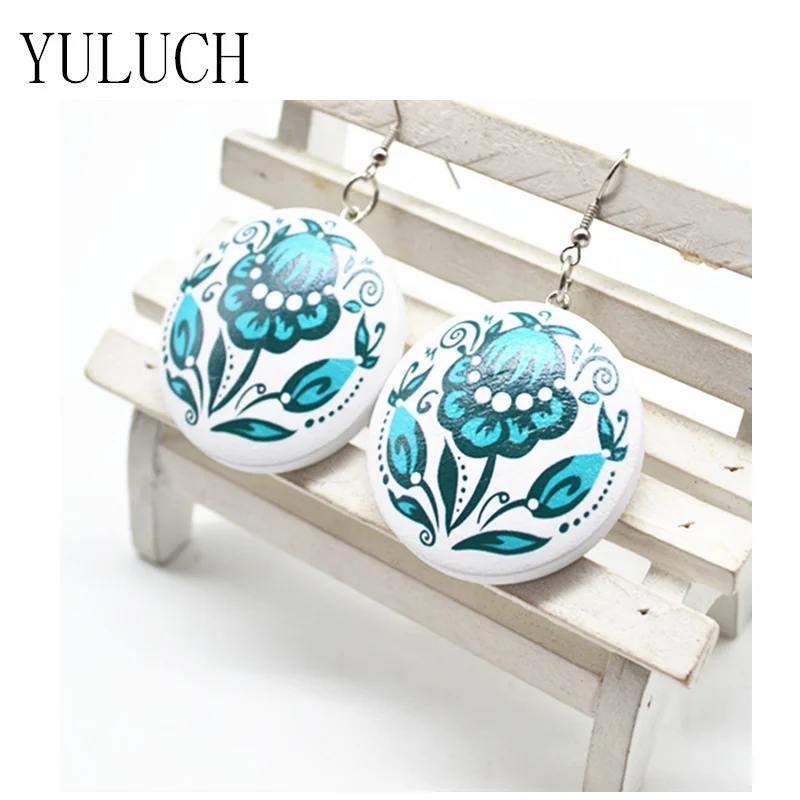 Женские круглые серьги YULUCH белые деревянные ручной работы с принтом модный