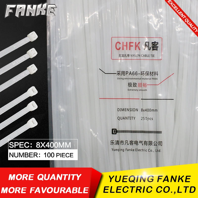 

100Pcs/pack 8*400mm high quality width 7.6mm White Color National Standard Self-locking Plastic Nylon Cable Ties,Wire Zip Tie