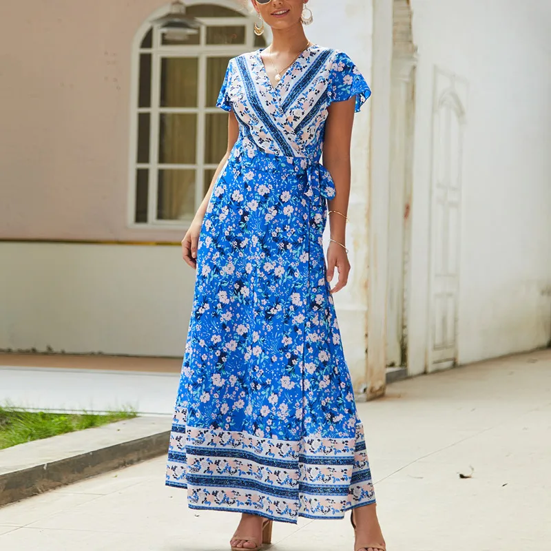 Женское длинное платье-макси с v-образным вырезом и коротким рукавом на лето 2019 |