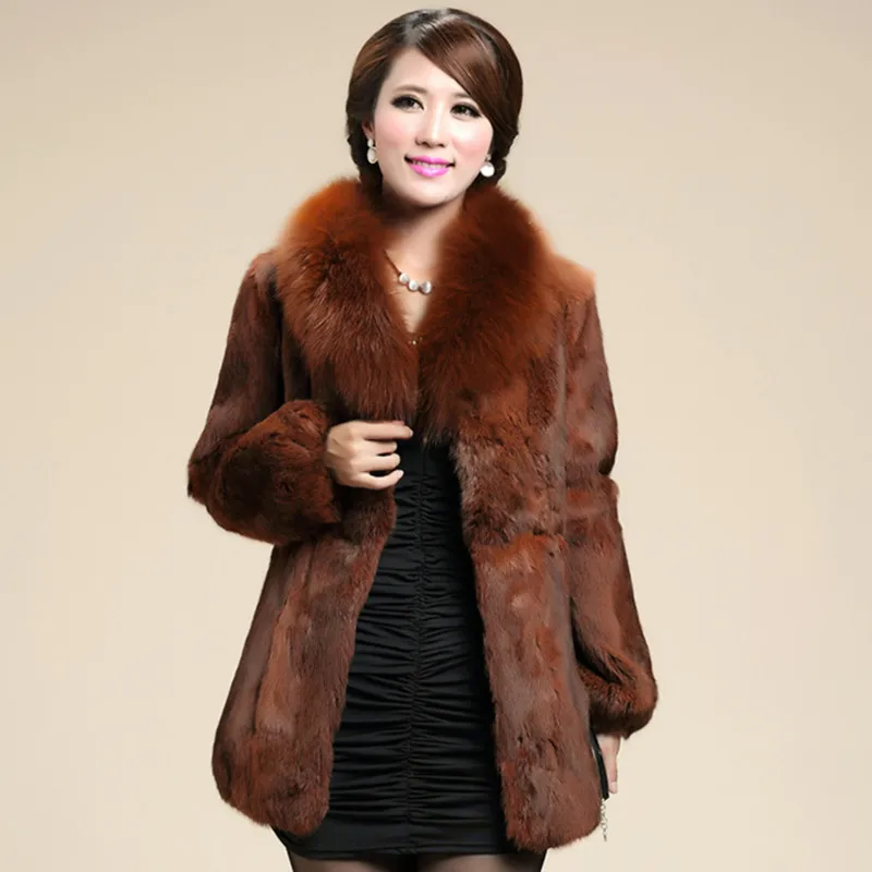 Зимняя женская шуба из натурального кроличьего меха с воротником лисьего тонкая