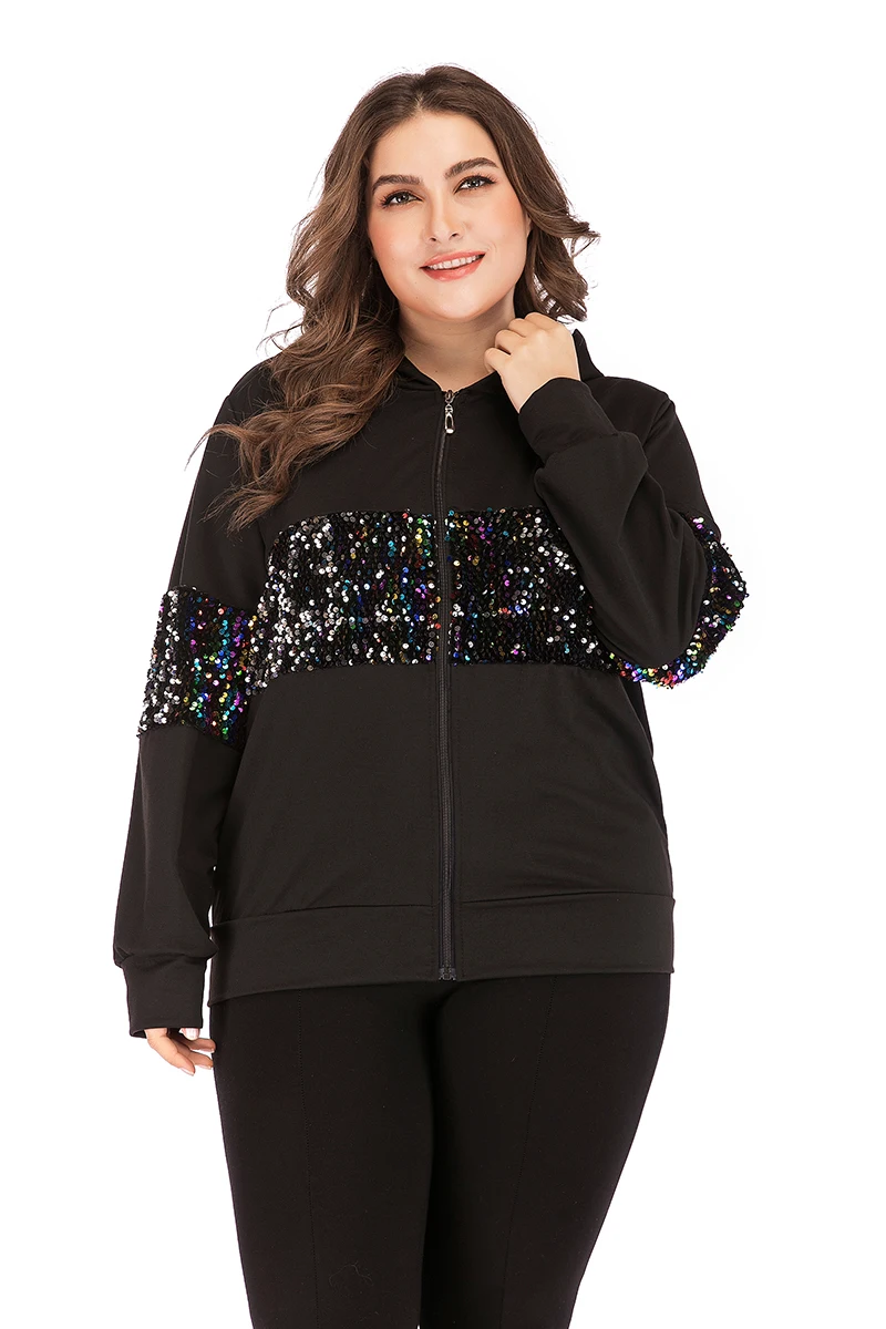 GIBSIE размера плюс 4xl 3xl черный блесток толстовки с капюшоном женские повседневные круглый вырез с длинным рукавом на молнии пальто Верхняя одежда