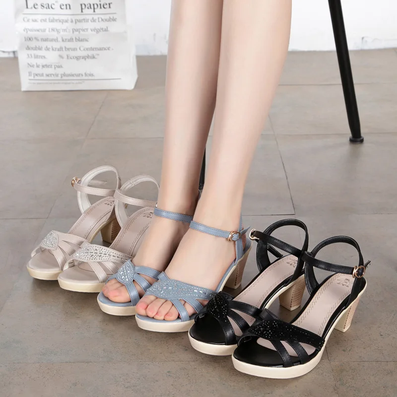 

ZXRYXGS Brand Shoes Woman Sandals Thick with High Heel Sandals 2019 Open Toe Rhinestone Cow Leather Shoes Summer Fashion Sandals