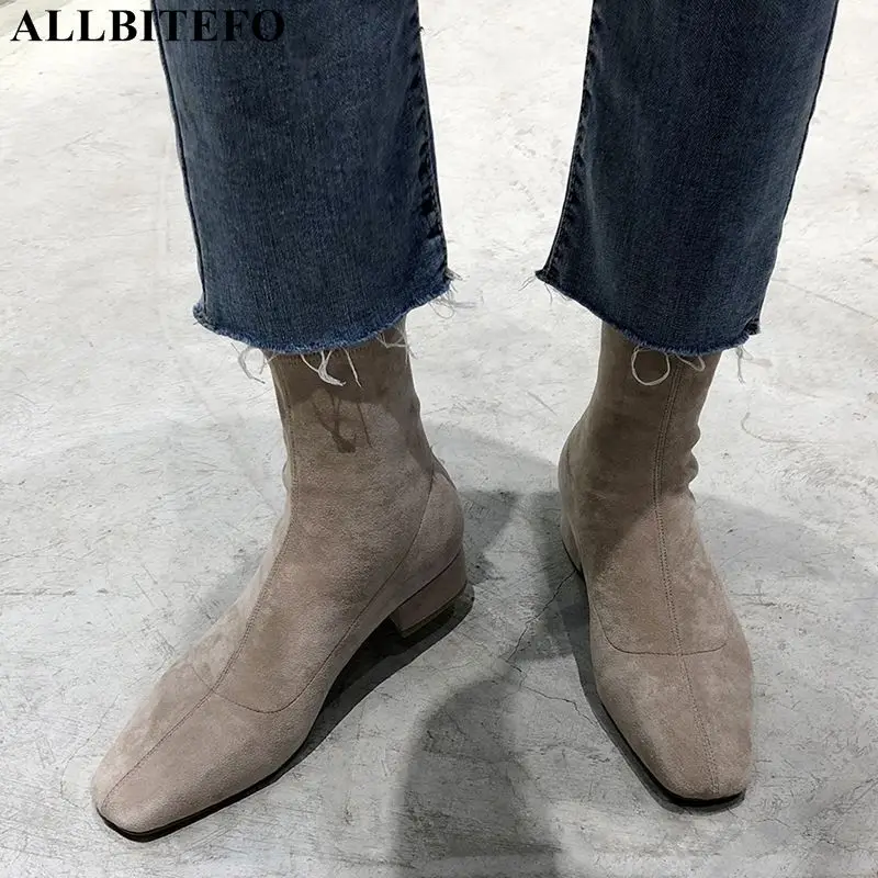 ALLBITEFO/мягкие модные флоковые ботильоны для женщин на высоком каблуке с
