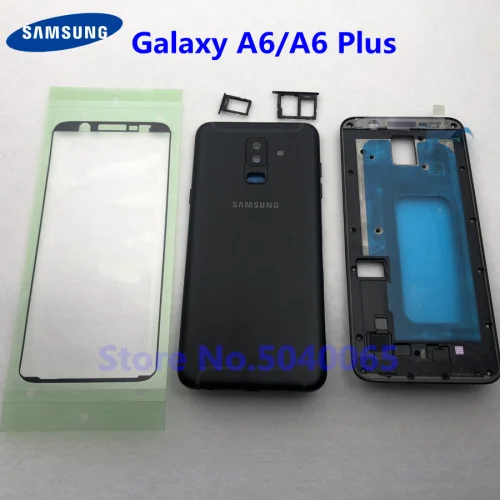 Черный Задняя крышка батареи с кнопкой для samsung Galaxy A6 Plus A605 A600 A600F A605 A605 задняя дверь полный корпус A6 наклейка - Цвет: Черный