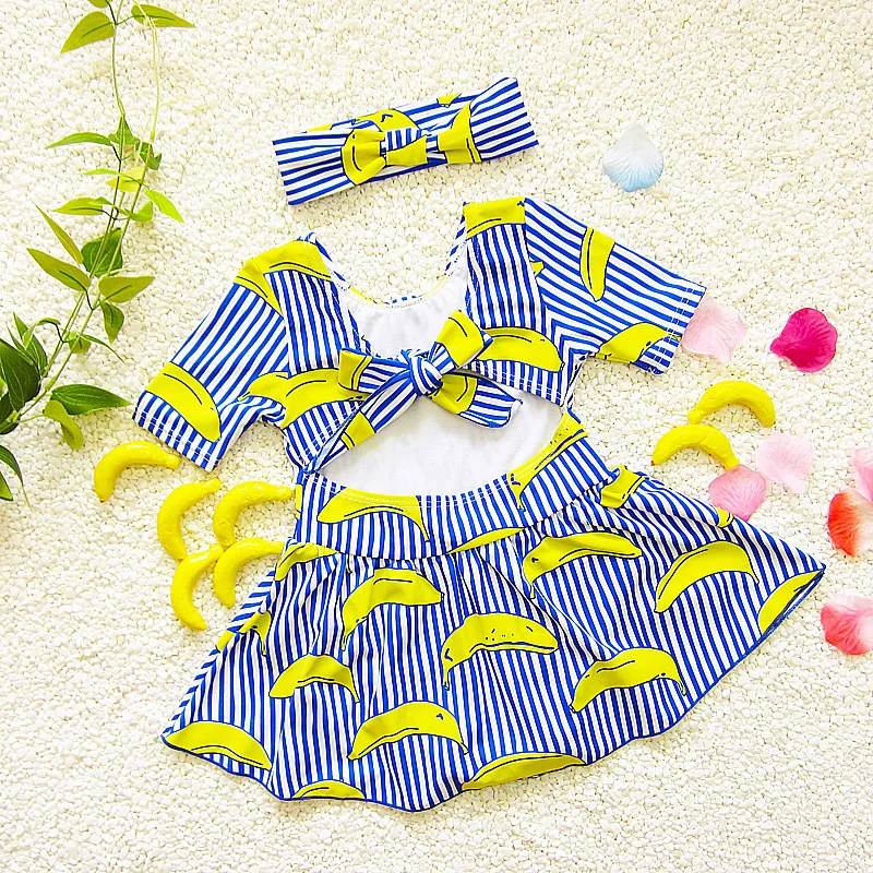 one piece swimsuit stripe swimming suit for kids children girl bathing suits clothes swimwear with headband banana print | Спорт и