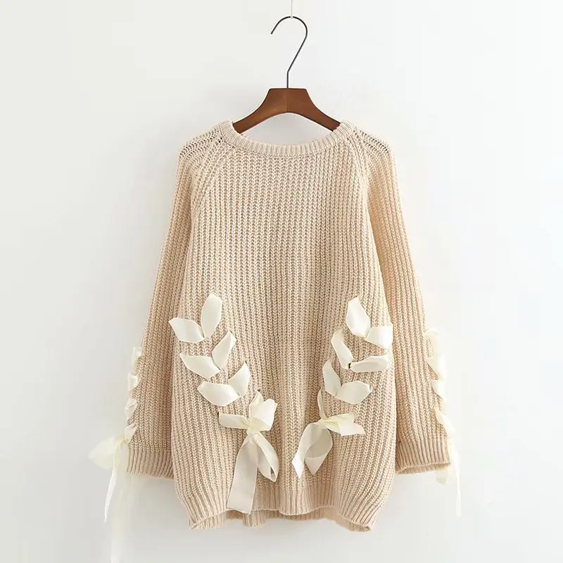 Woman Autumn And Winter Fashion Sweet Korean Version Of The New Handmade Bow Tie Lace Round Pullover Loose Knit Sweater | Женская одежда