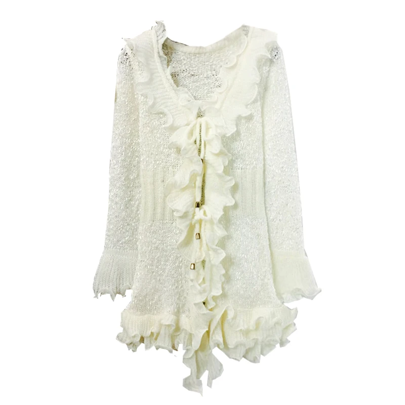 Sweet 3D Flowers ruffled Knitted Cardigan bow bright silk slim knit Hook sweater Pleated Lace Up Jacket Flare Sleeved Coat Tops |