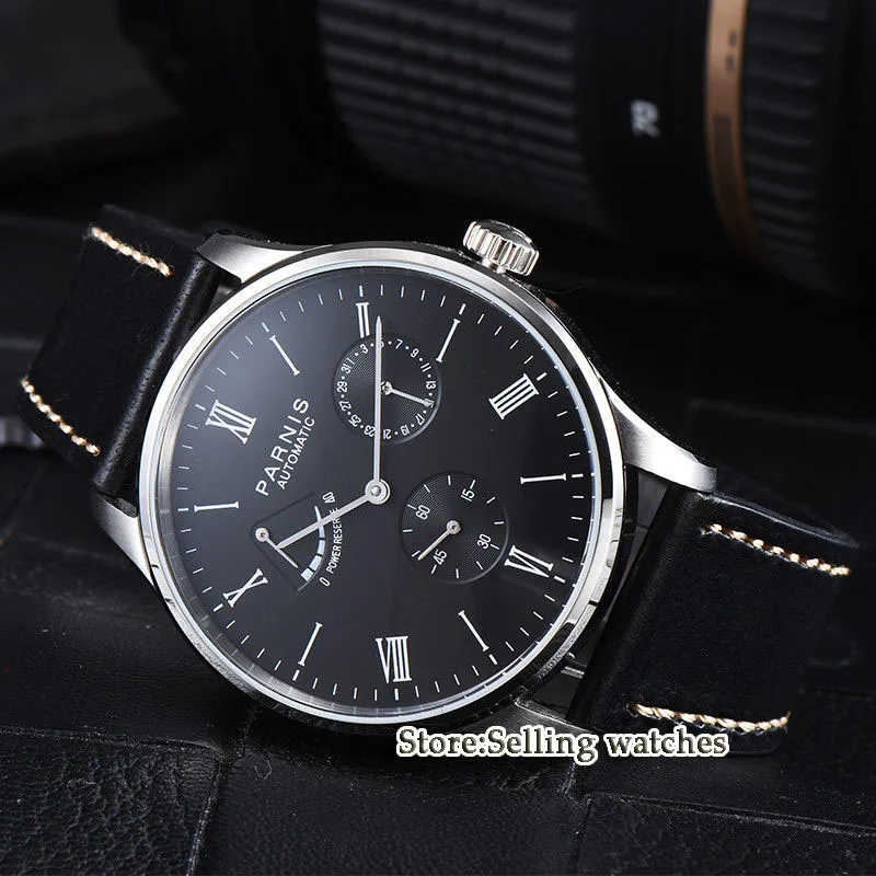 

42mm Parnis black Dial Roman Numerals Power reserve ST1780 Automatic Movement mens Wristwatch
