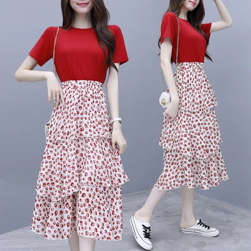 Korean Red Women Skirt Set Short Sleeve 2 Piece Womens Tops And Blouses Floral Maxi Outfit Woman Top Sets |
