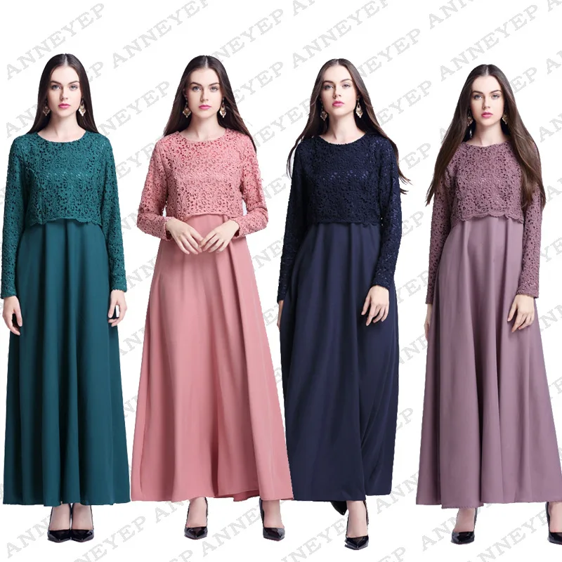 

New Fashion islamic lace o neck abaya dress kaftan for Malaysia women abaya turkish long sleeve muslim dress 4 colors