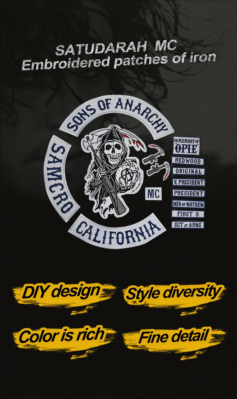 Мужская байкерская куртка с нашивкой Sons of patch Anarchy, вышитая железная нашивка для одежды, синяя полностью 15 шт. в комплекте, серия SOA Skull