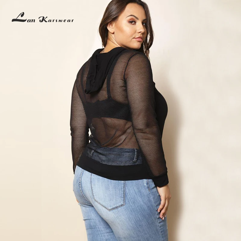 Lan Karswear 2018 Autumn Pullover Hoody Sexy Hollow Out Mesh Sweatshirts Women Hooded Casual Long Sleeve Black Short Crop Tops | Женская