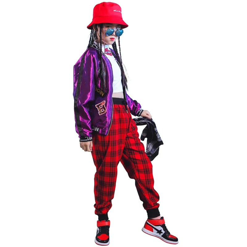 2019 New Children Street Jazz Dance Costume Suit Boys Girls Modern Hip Hop Clothing Purple Jacket Plaid Pants Tide DL3573 | Тематическая