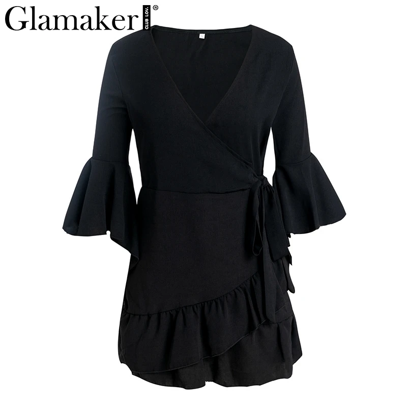 Женское платье кардиган Glamaker черное пляжное с длинным рукавом и рюшами на лето