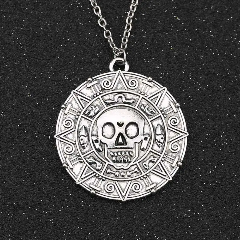 Silver Пираты Карибы ожерелье Джек Воробей ацтекский медальон в форме монеты Винтажный Золотой Бронзовый Серебряный кулон оптом - Окраска металла: Silver