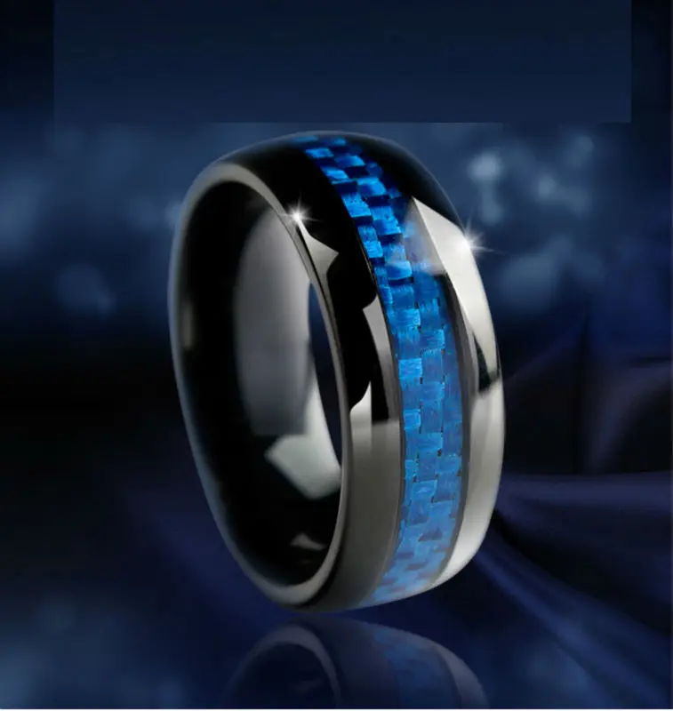 Мужское обручальное кольцо из карбида вольфрама с черным покрытием голубого
