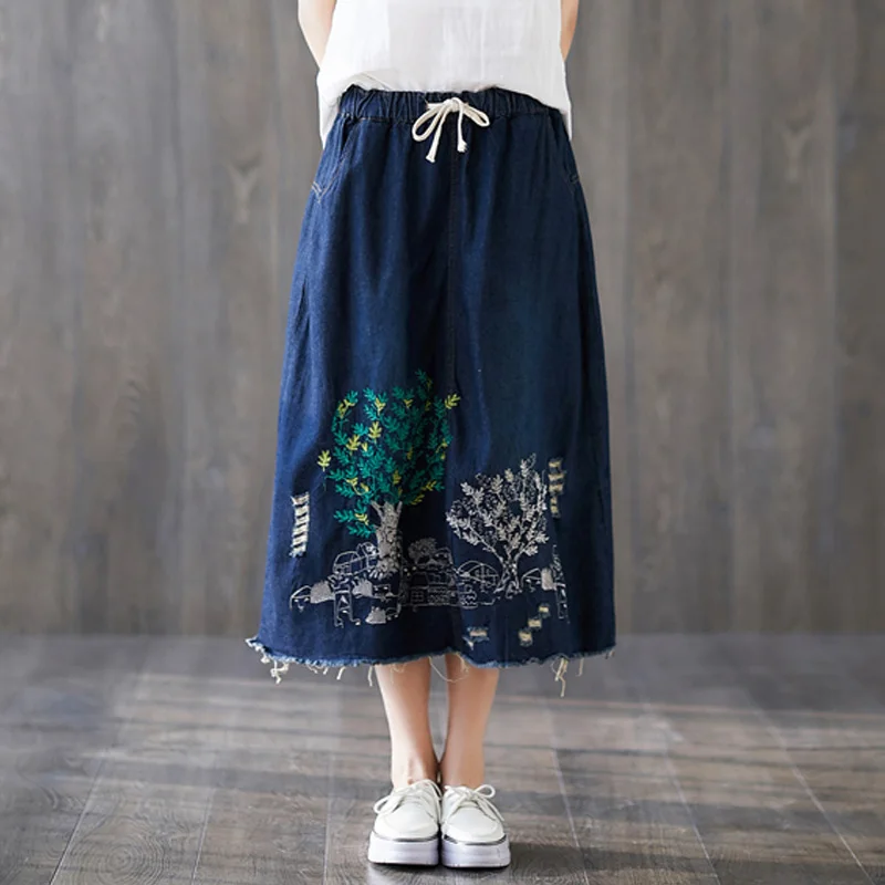 Dark Blue Модные свободные Повседневное трапециевидной формы джинсы юбка летняя кисточкой середины талии юбка Для женщин вышивка юбки джинсовые дропшиппинг - Цвет: Dark Blue
