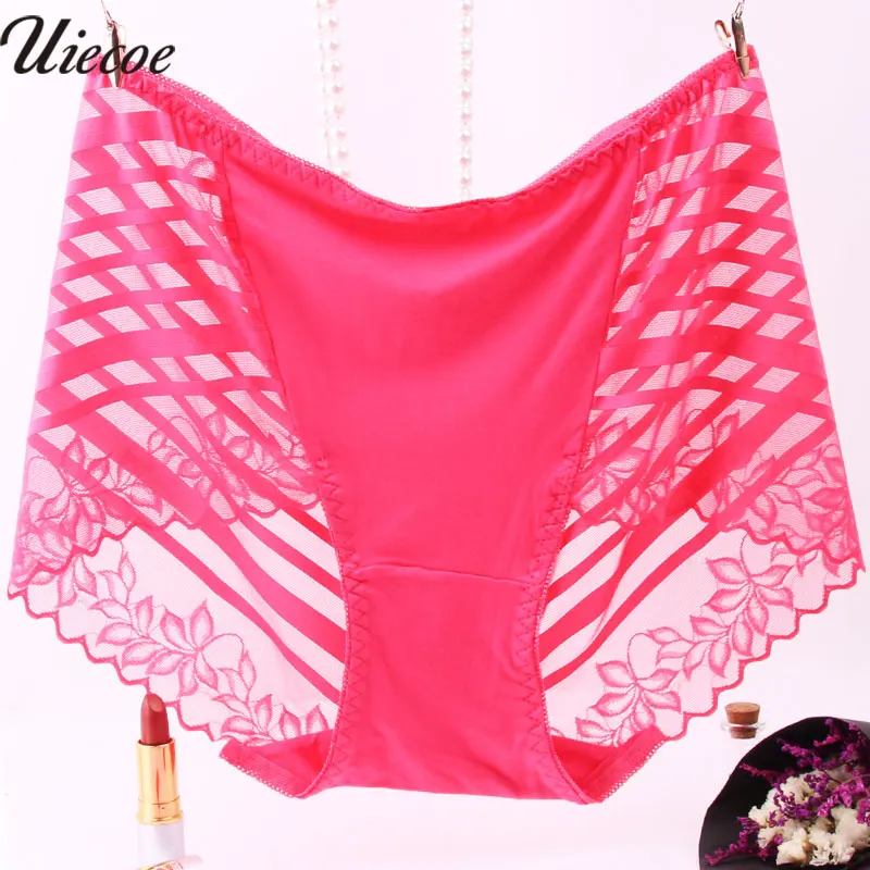 Watermelon Red UIECOE размера плюс 4XL, нижнее белье, трусы, женское нижнее белье, трусы-шорты, сексуальное кружевное бесшовное, прозрачное, со средней посадкой, женские трусики - Цвет: Watermelon Red