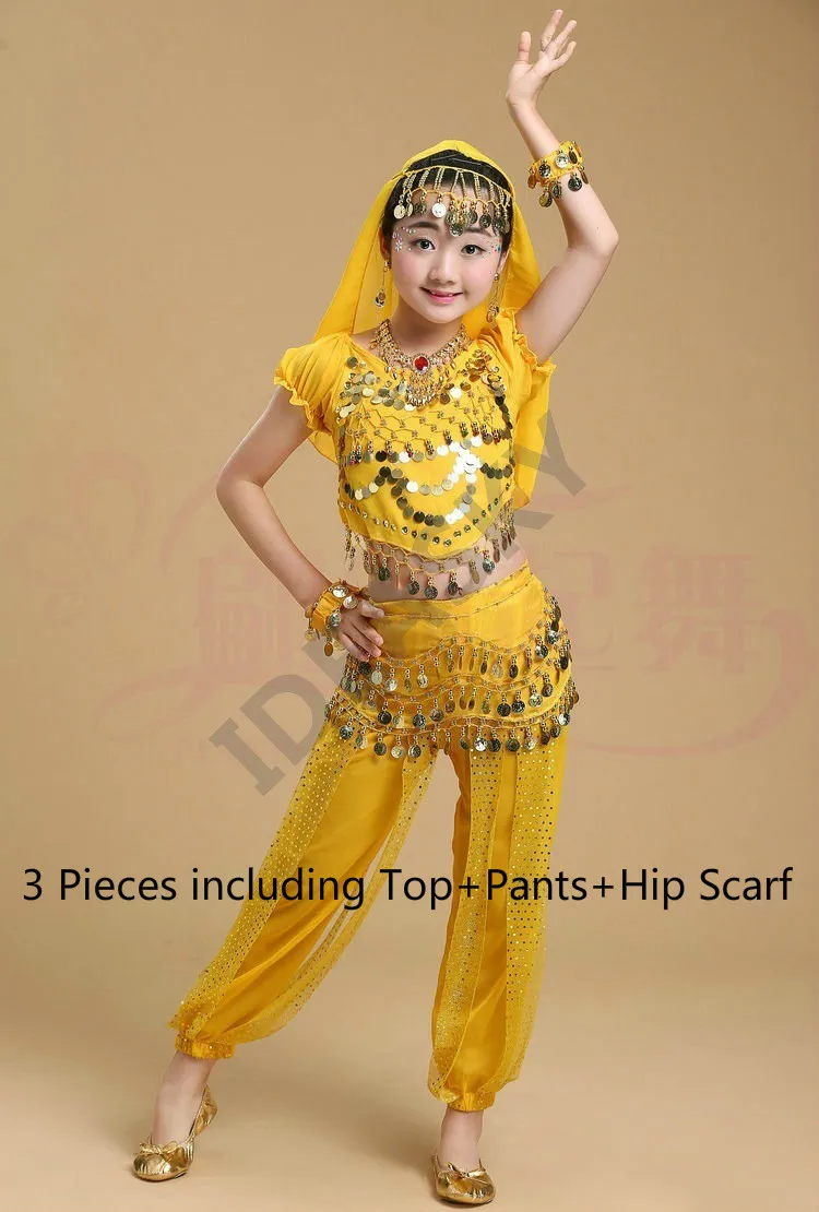 yellow 3pcs Дети ребенок Восточный набор костюма для танца живота Восточные Танцевальные Костюмы Танец живота танцевальная одежда Индийский Болливуд девушка для взрослых - Цвет: yellow 3pcs