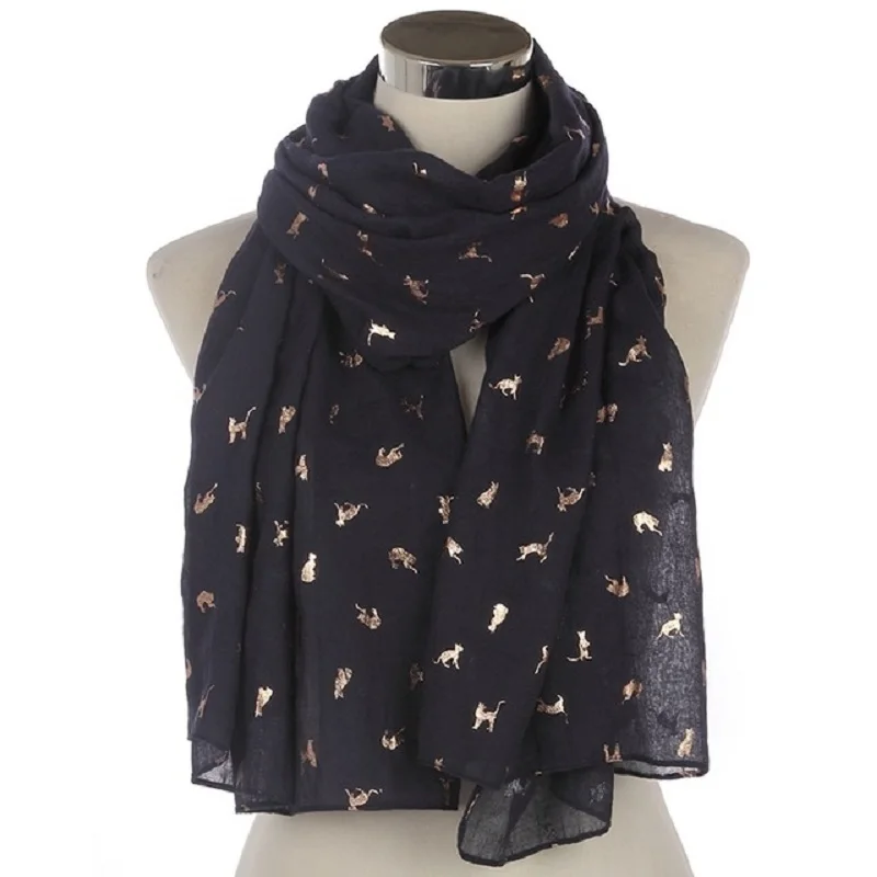 

WINFOX 2018 New Fashion Ladies Navy Grey Foil Gold Cat Scarf For Women
