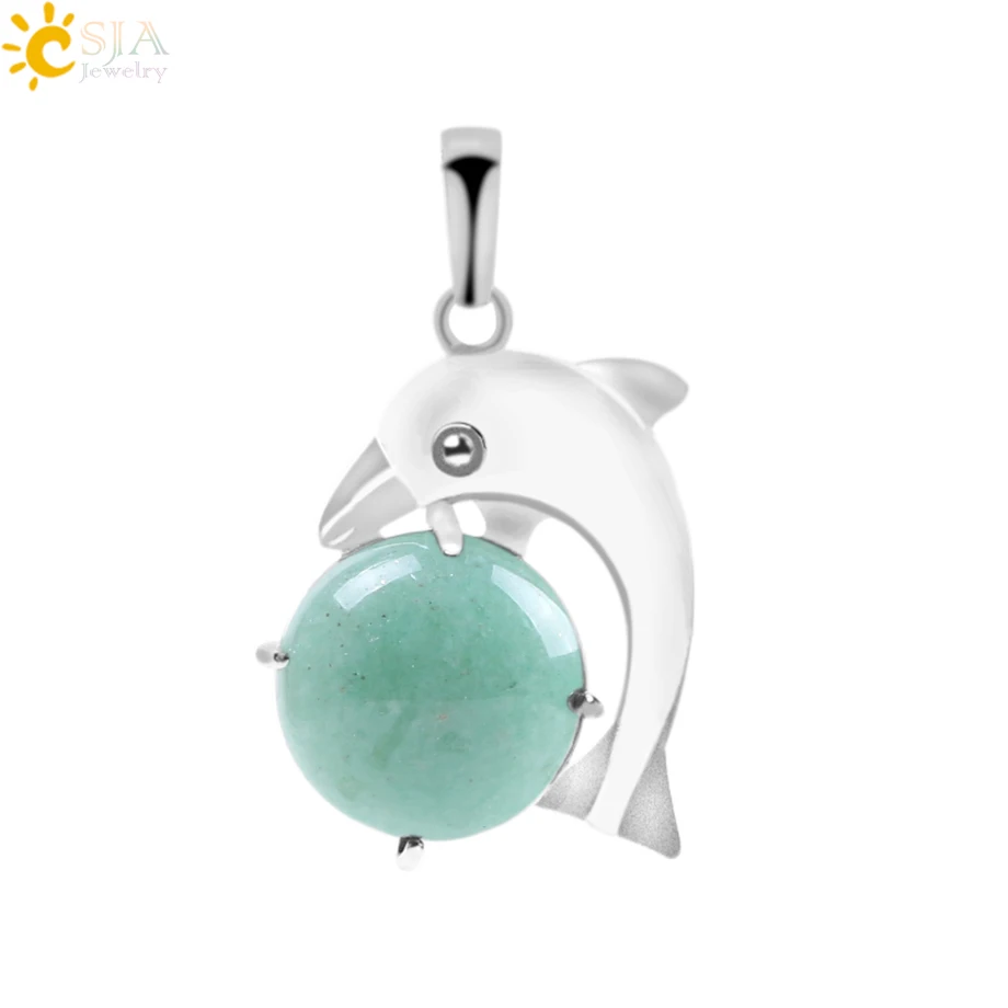 Green Aventurine CSJA Дельфин ожерелья в виде животных подвески для девочек чакра рейки лазурит натуральный Круглый драгоценный камень бусины ручной работы ювелирные изделия F096 - Окраска металла: Green Aventurine