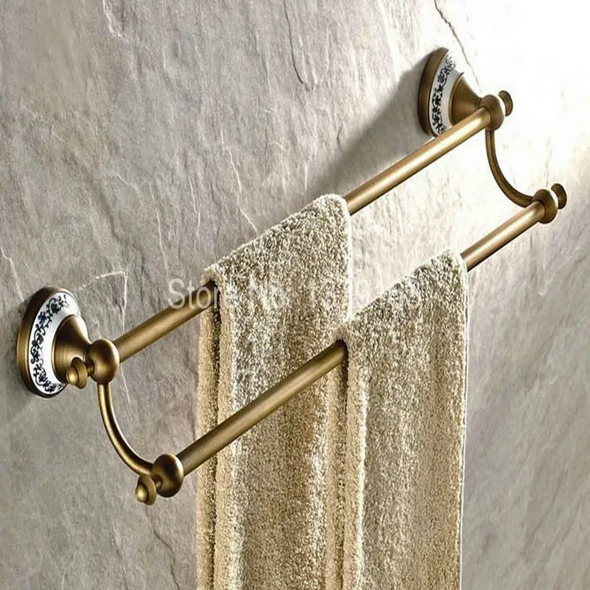 

Antique Brass Ceramic Base Bathroom Accessory Wall Mounted Double Towel Bar Towel Rail Rack Holder Bathroom Fitting aba407