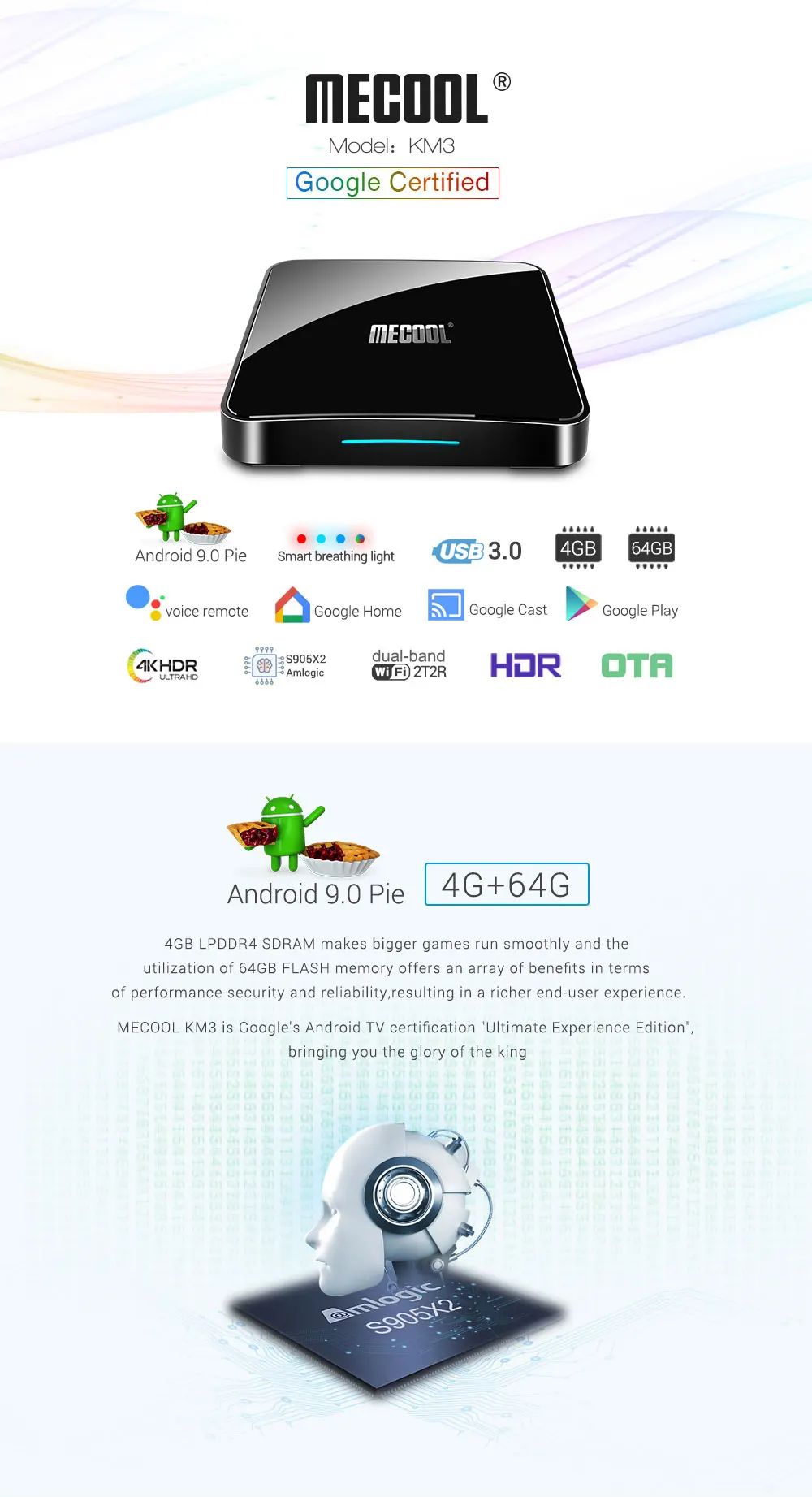 ТВ-приставка Mecool KM3 A Android 9,0 S905X2 4 Гб LPDDR4 64 Гб 5G wifi BT4.0 Google сертифицированная ТВ-приставка с голосовым управлением Новинка
