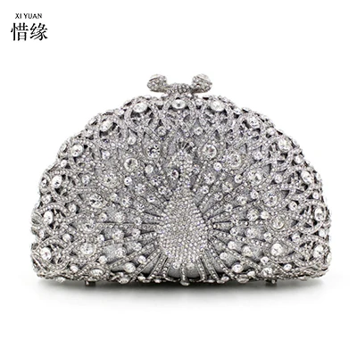 

XIYUAN Pink Crystal Women Peacock Clutches Handbag Metal Evening Bags Minaudiere Ladies Party Purse Wedding Clutch Bridal Bags