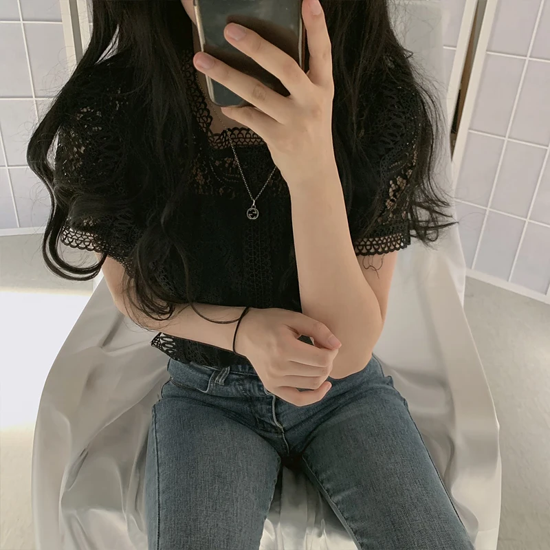 RUGOD, однотонные, открытые, в Корейском стиле, тонкие топы,, новая футболка для женщин, Modis, кружевные, Camisetas Verano Mujer, летний топ ручной работы