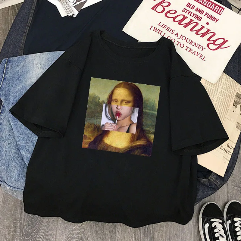 Mona Lisa повседневные модные летние женские Топы Ulzzang с коротким рукавом, свободные, Харадзюку, рисунок с героями мультфильмов, большой размер, хип-хоп рубашка