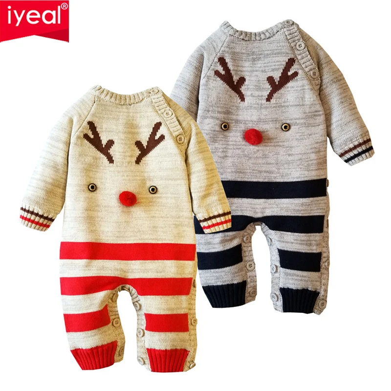 

IYEAL Autumn Baby Girls Rompers Cartoon Christmas Deer Knitted Sweaters Toddler Boys Jumpsuit Long Sleeve Newborn Infant Outwear