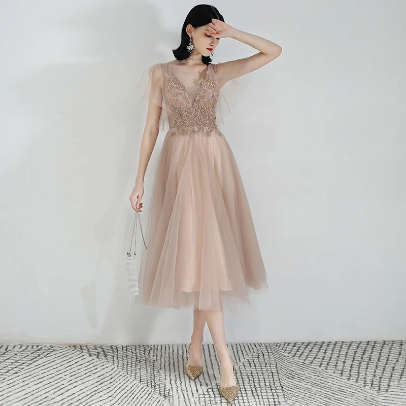 Женское коктейльное платье SSYFashion кружевное бальное до середины икры с V образным