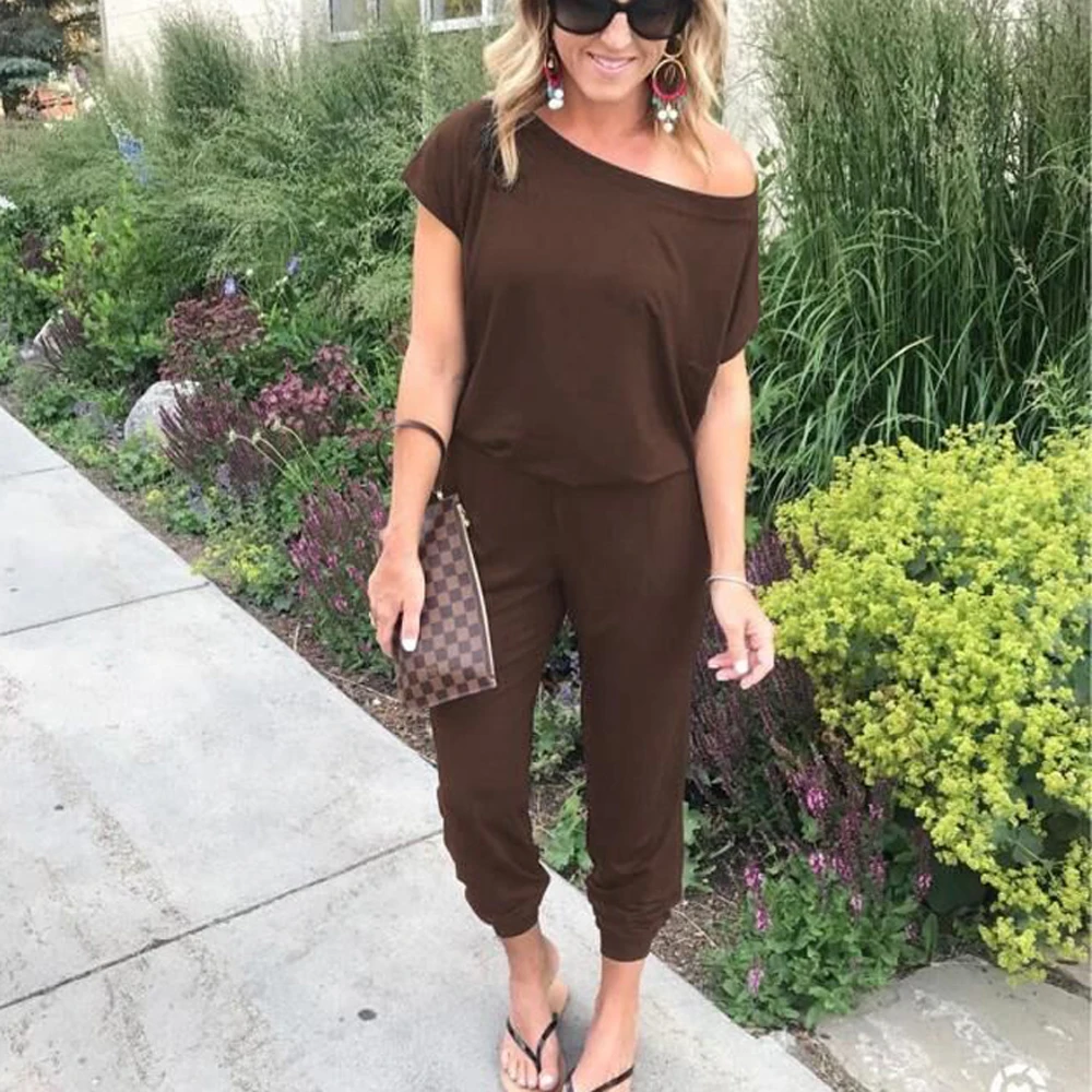 Сексуальный косой комбинезон с открытыми плечами весенне-летний однотонный