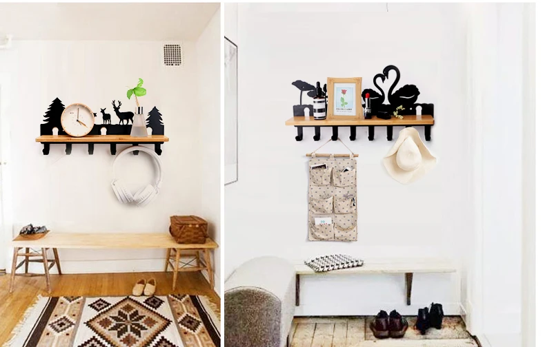 Creative Bamboo Plate Iron Wall Shelf 6/8 Row Hook Coat Hanger Door Hooks Wall Mounted Partition Shelf Deer Piano Swan for Decor
