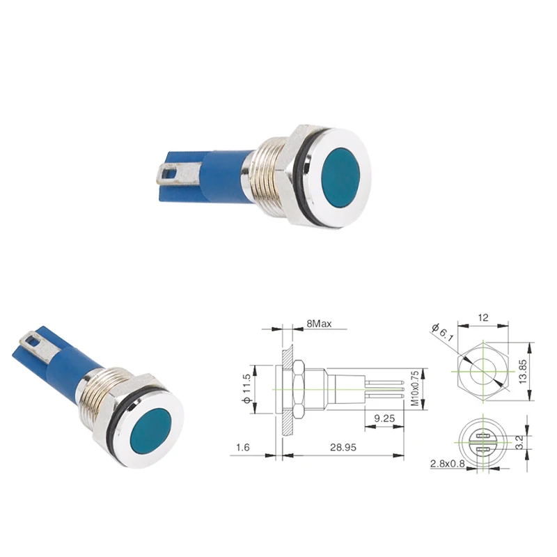 10 мм водонепроницаемый индикатор плоский круглый точечный светодиодный