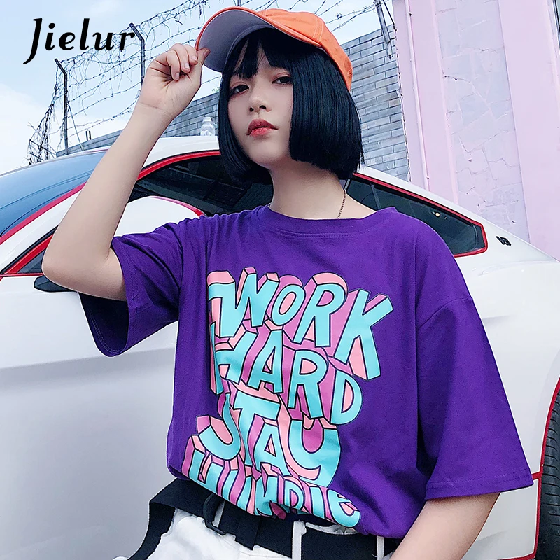 Jielur Harajuku Фиолетовый Топ Femme S-XL повседневное с буквенным принтом корейский стиль