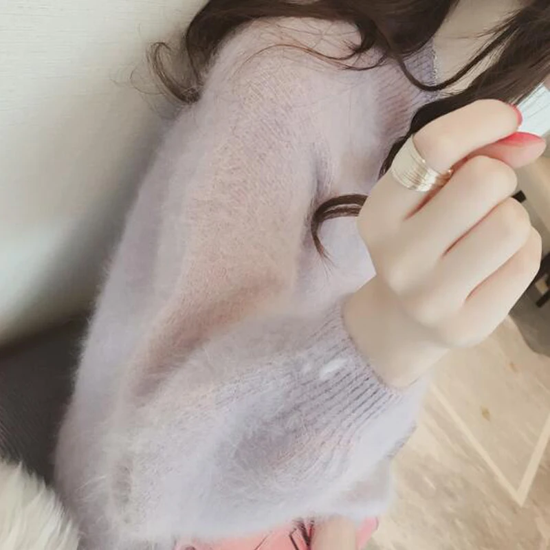 Women Natural Mink Cashmere Sweater Dress V Neck Sexy Long Pullover for lady spring Pink ksr537 | Женская одежда
