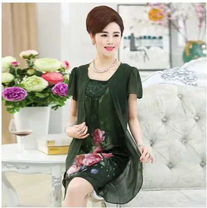 High grade ice silk Летняя новая модная одежда для мамы, имитация двух частей, женское шифоновое платье vestidos размера плюс с принтом, женские платья с коротким рукавом - Цвет: High grade ice silk