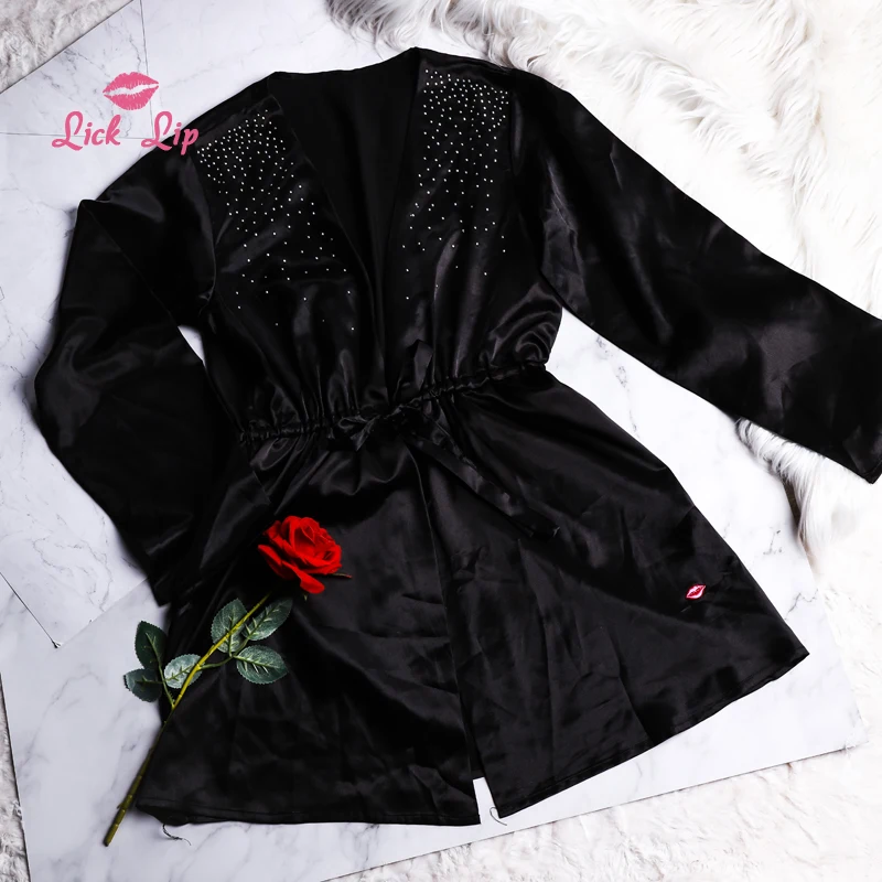 Женское мини-платье с длинным рукавом Lick губ черное шелковое платье-кимоно