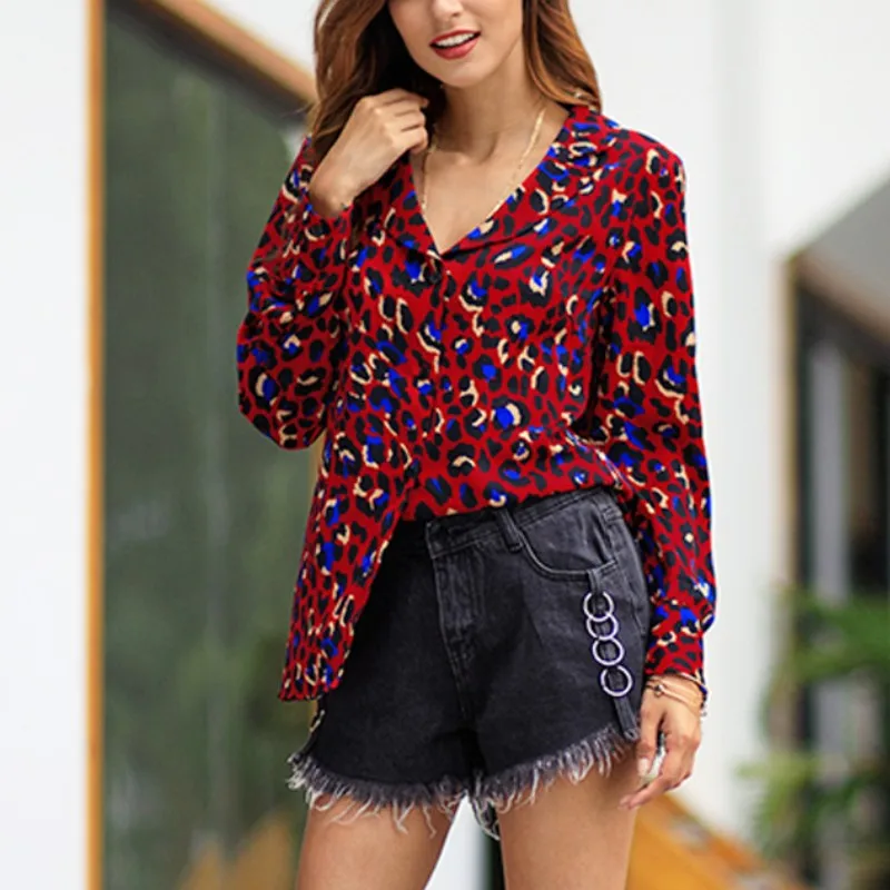 

Spring Autumn Womens Clothing Leopard Print Blouse Shirt OL Style Ladies Office Tops Long Sleeve Casual Button Shirts Chiffon