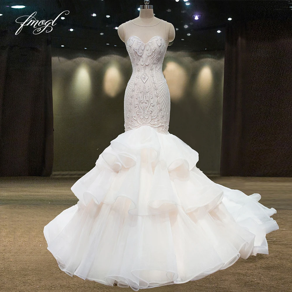 

Fmogl Vestido De Noiva Lace Mermaid Wedding Dresses 2020 Scoop Neck Appliques beaded Ruffles Pattern Vintage Bride Gowns