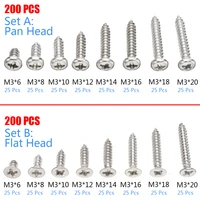 200pcs m3 stainless steel pan flat head screws kits high strength self tapping screws assortment set for wood furniture