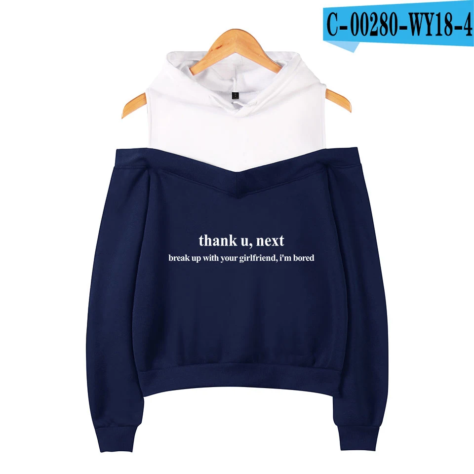 Ariana Grande thank u next толстовки женские открытые рукава с открытыми плечами толстовки эксклюзивные женские осенние сексуальные с капюшоном - Цвет: navy blue