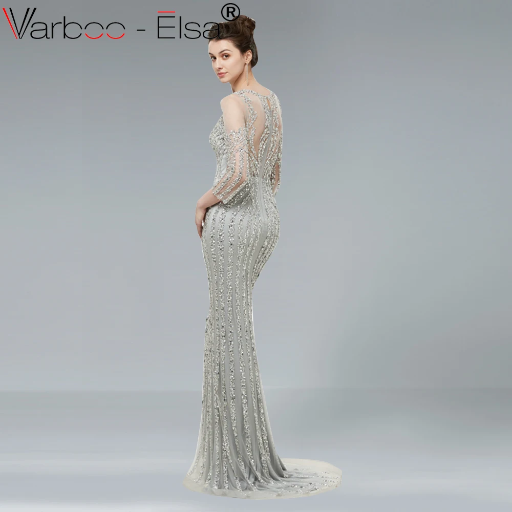 VARBOO_ELSA 2018 Новое Элегантное серебряное кружевное вечернее платье с длинным
